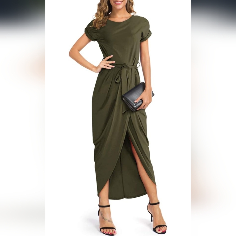 Green Asymmetrical Wrap Maxi Dress with Slit